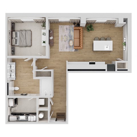 Floor plan for 1 bed, 1 bath, 969 sqft